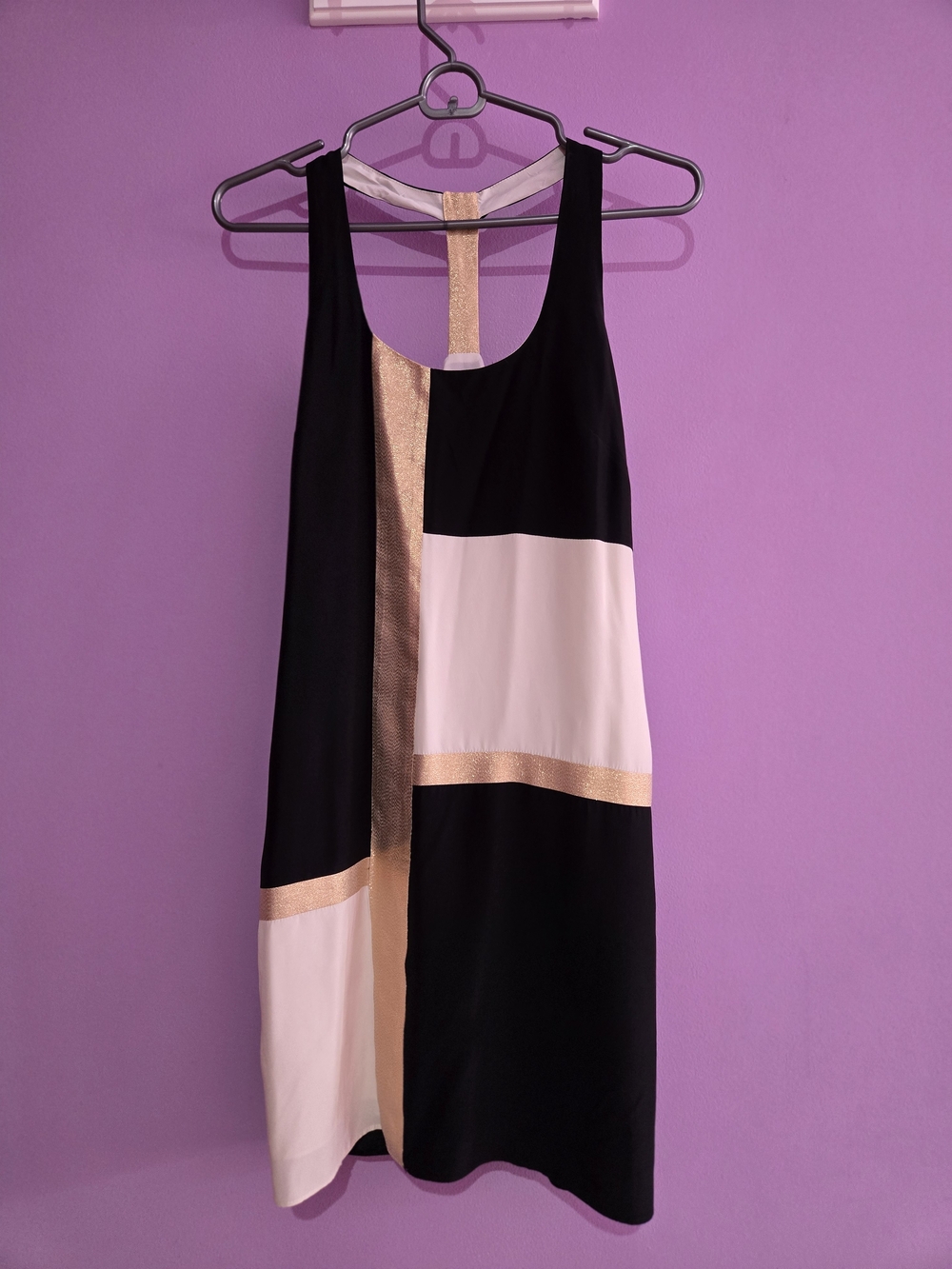 Alice And Trixie, White, Black and Gold Colorblock Abstract Cocktail Dress